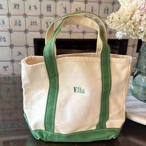 LL Bean open top tote, size small, canvas bag monogrammed with Ella.